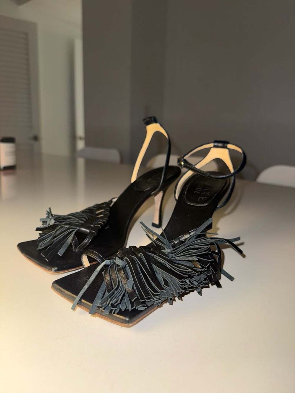 A.W.A.K.E. MODE Black Leather Delta Tassel Square Toe Sandals Size 36.5